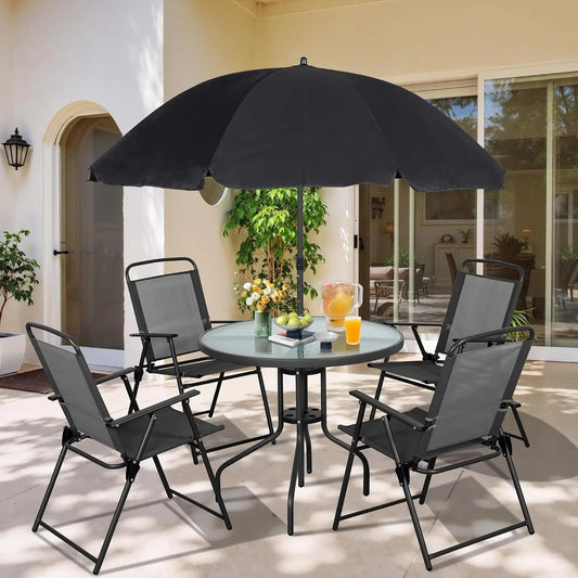 6 Piece Folding Metal Patio Dining Set Outdoor Table Chairs with Umbrella Hole for Lawn Deck Backyard Garden Black