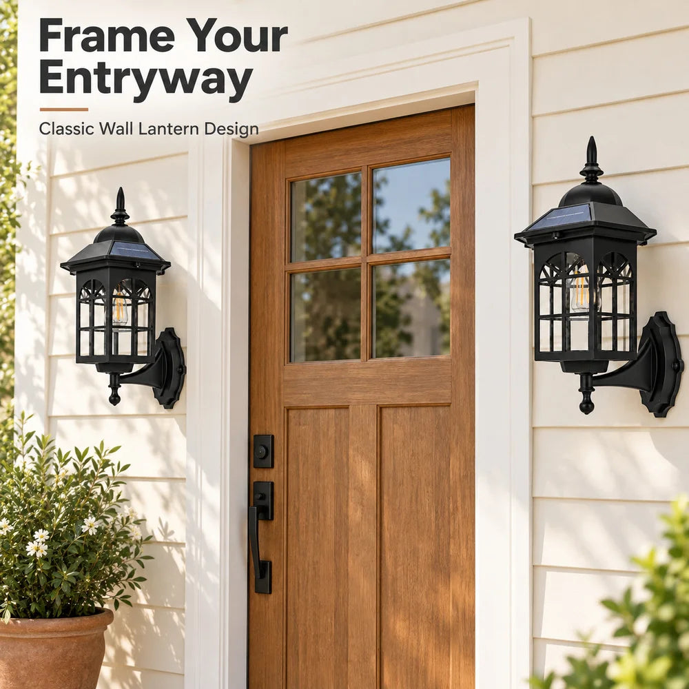 2 Pack Outdoor Solar Wall Lanterns Decorative LED Sconces Patio