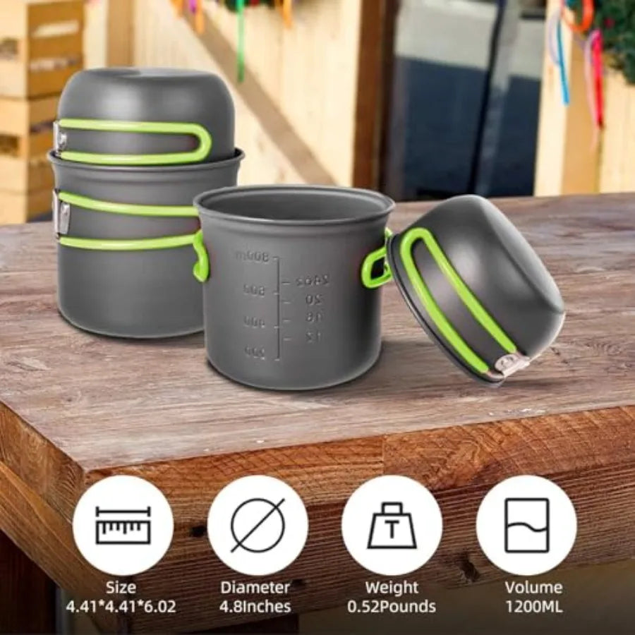 Camping Cookware Set, Portable Camping Mess Kit with Non-Stick Pots, Pans Set and Folding Fork, Lightweight Backpacking cookware