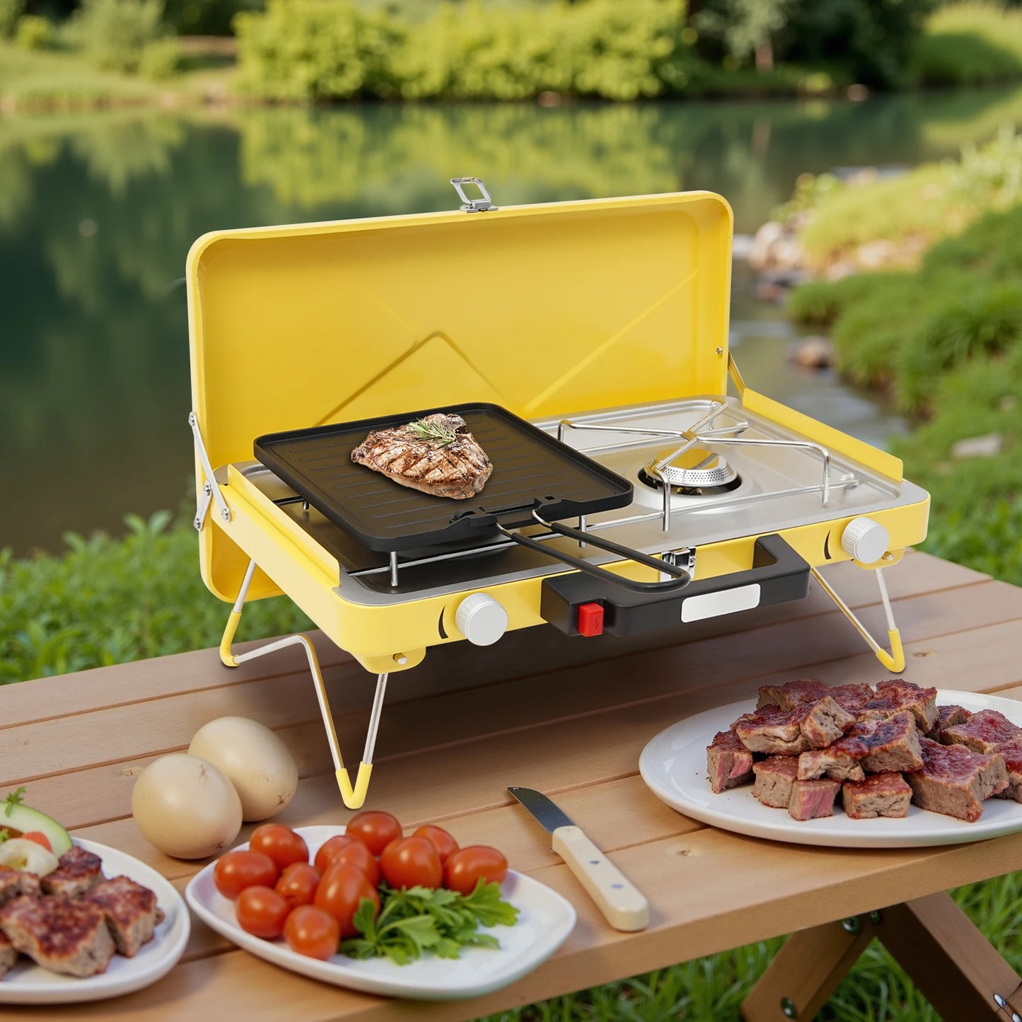 2-Burner Foldable Outdoor Cooker, Compact Portable Camp Cooking Range, Dual Flame Backpack Stove for Wilderness Hiking & Backcountry Trips