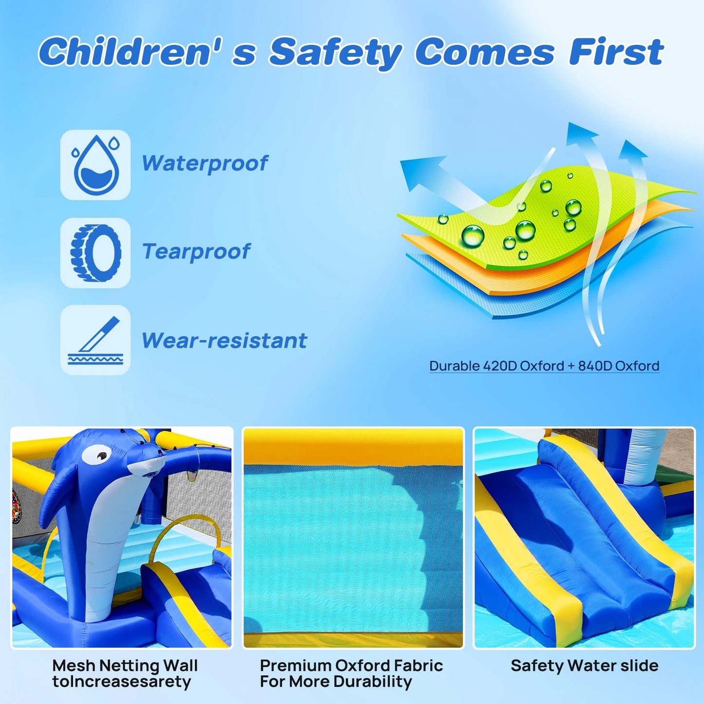 Inflatable Bounce House Wet Dry Water Slide Kids Jumping Castle For Outdoor Backyard with Dolphin sprinkler & Target games