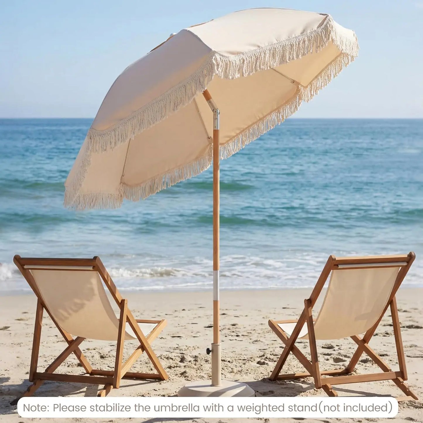 6 FT Patio Umbrella With Fringe, Tassel Outdoor Table Umbrella, Push Button Tilt System, Sturdy Wood Pole, UV Protection Canopy, Boho Backyard Garden Beach Pool Sunshade, Off White