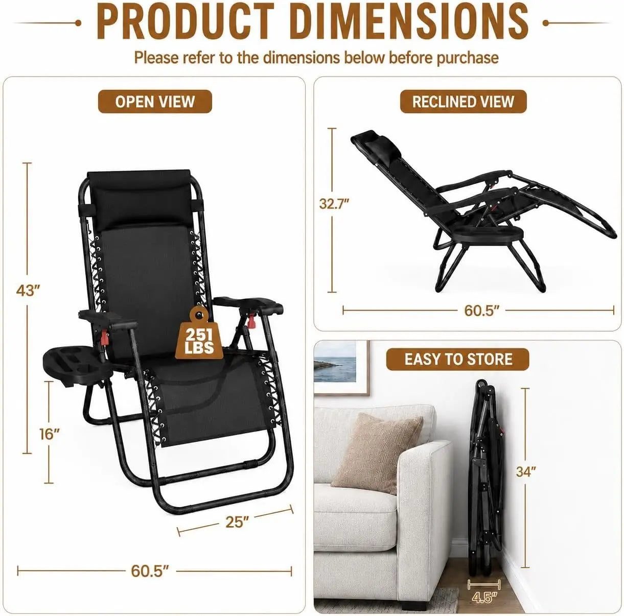 26 Inch Zero Gravity Recliners Set of 2 - Outdoor Folding Lounge Chairs with Pillows, Cup Holders & Carry Straps for Camping, Backyard, Beach