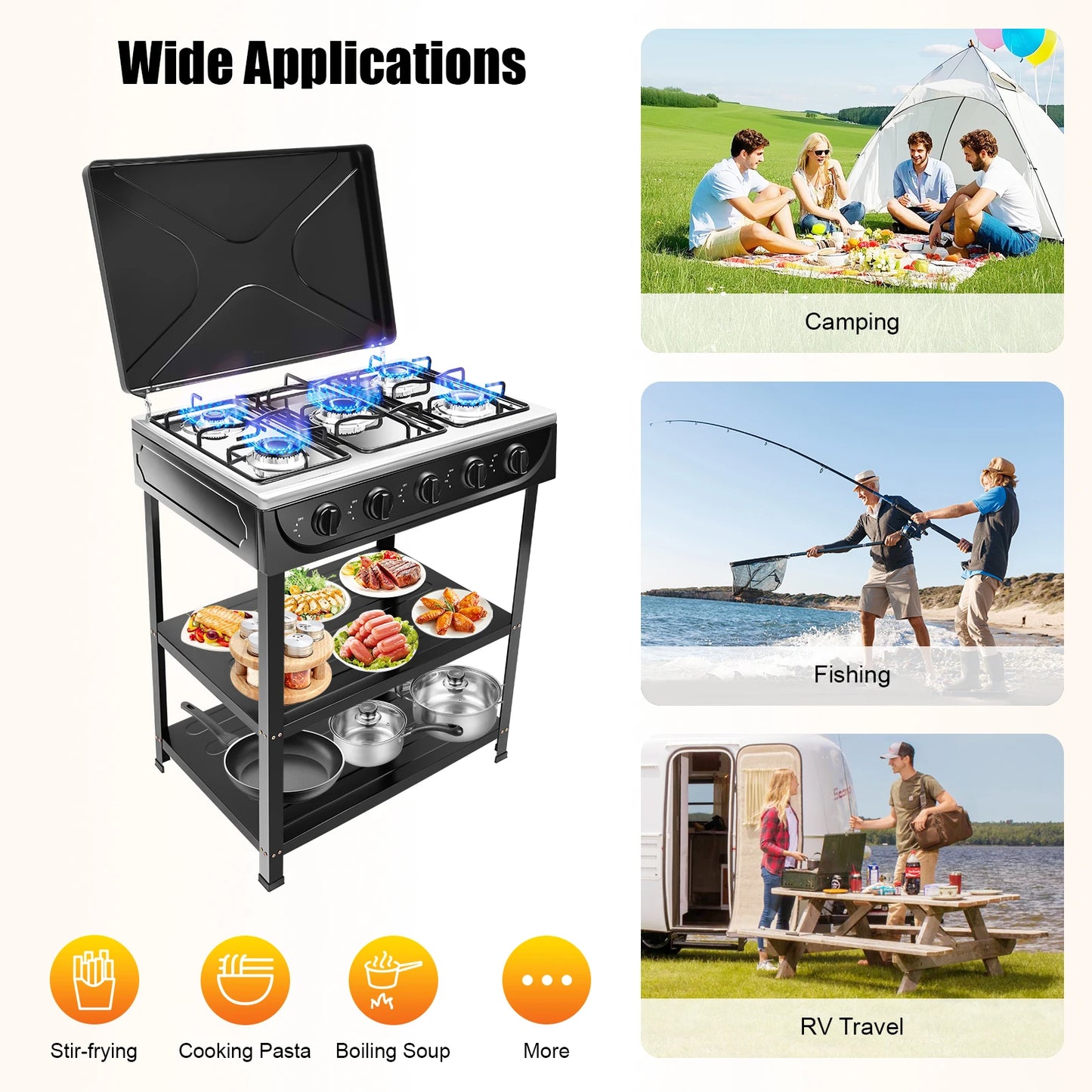 Bymaocar 5 Burner Outdoor Natural Gas Stove With Protective Cover