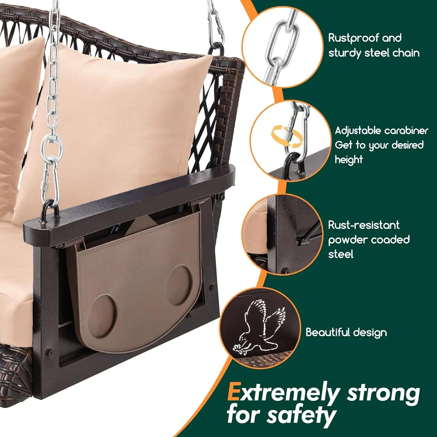 Outdoor Patio Swing Chair Bench for Adults - Wicker, 900lbs Heavy Duty, 8.9ft Hanging Chains, Cushions and Cup Holder