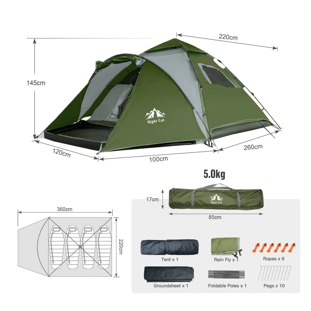 Night Cat Pop Up Tent 2-3 Person Instant Setup With Rainfly