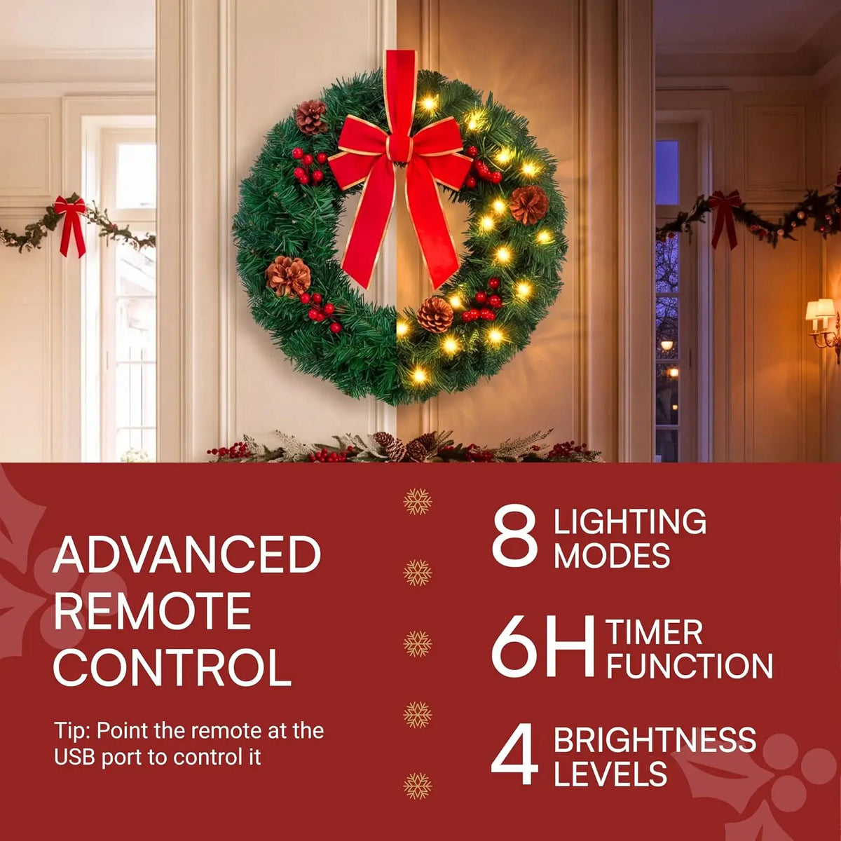 Joyfy Artificial Christmas Wreaths Featuring Bow And Warm Illumination