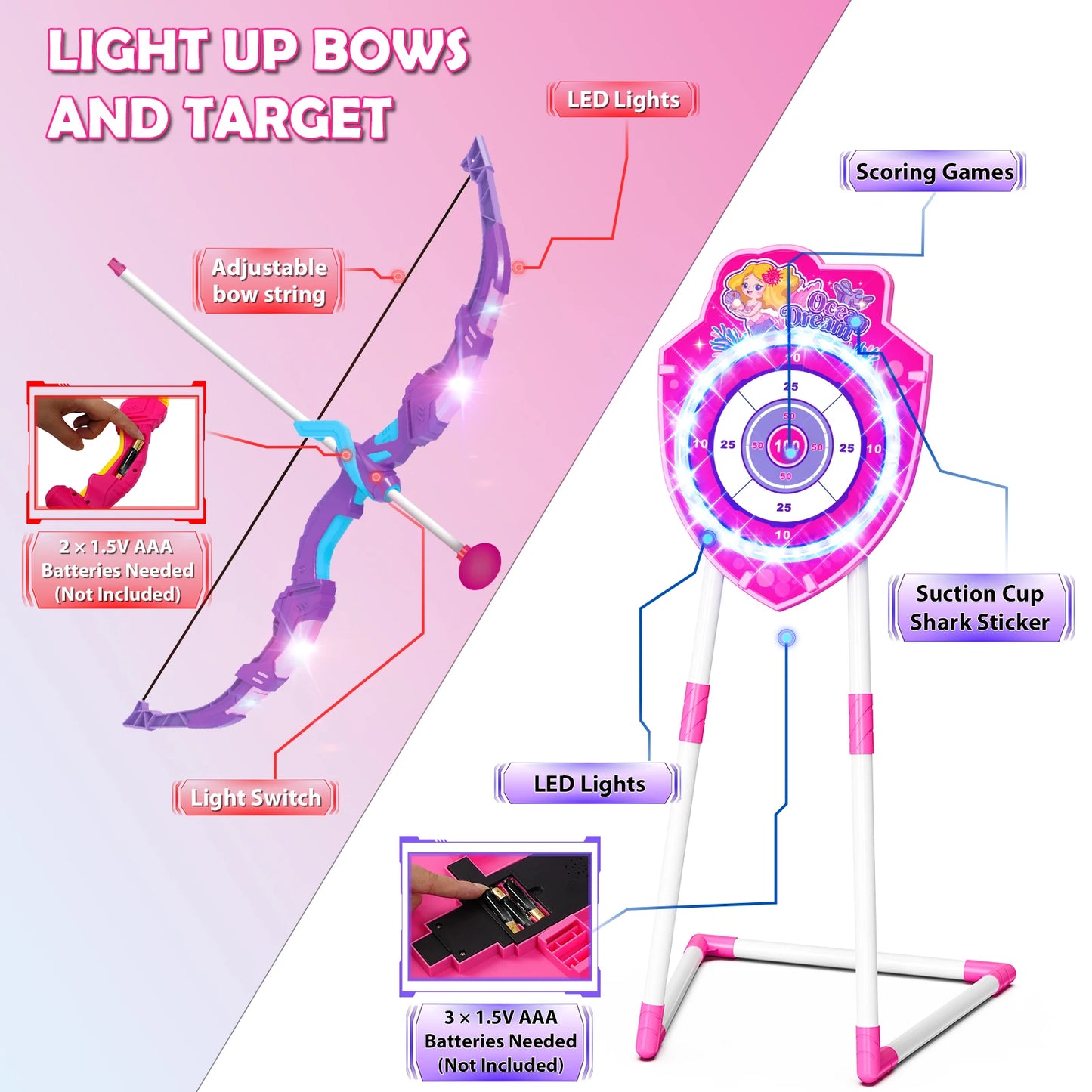 VATOS Night Light Bow Arrow Archery Toy For Girls Indoor
