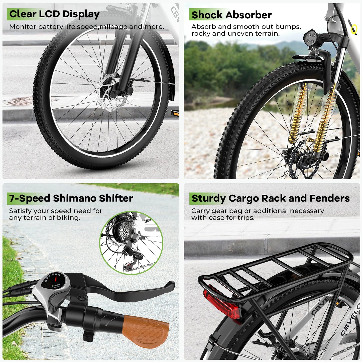 Cybervelo Urban Commute E-Bike, 48V 1000W Peak Motor Detachable Battery 7-Speed shift Electric Bike 26“ Step-Thru adults EK2