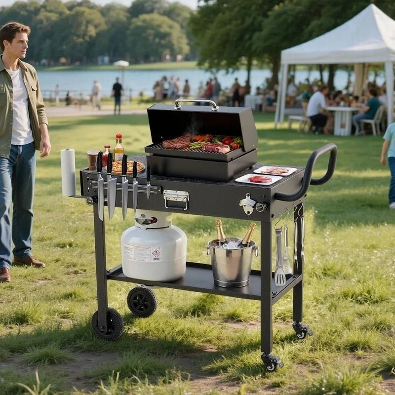 Outdoor Grill Cart, 31.0 X 17.0 Inch Tabletop Size Grilling Table, Foldable Outdoor Cooking Table with Tissue Holder, Wheels, Magnetic Tool Rack, BBQ Prep Tables for Picnic, Kitchen, Courtyard