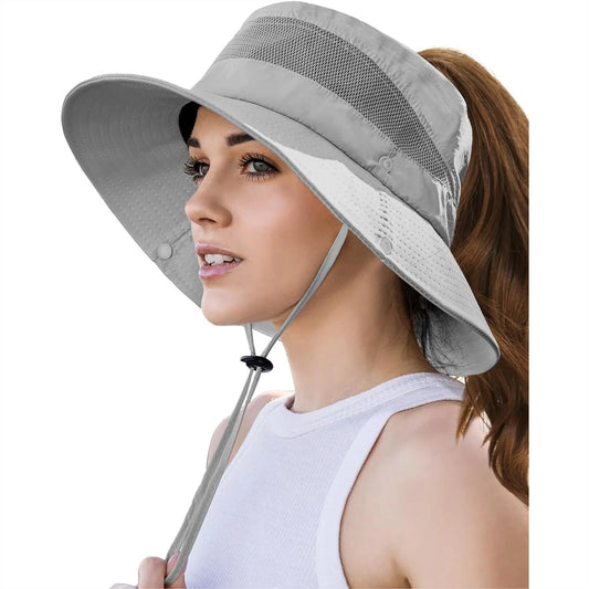 Sun Bucket Hat for Women with Ponytail Hole for Hiking Fishing Safari
