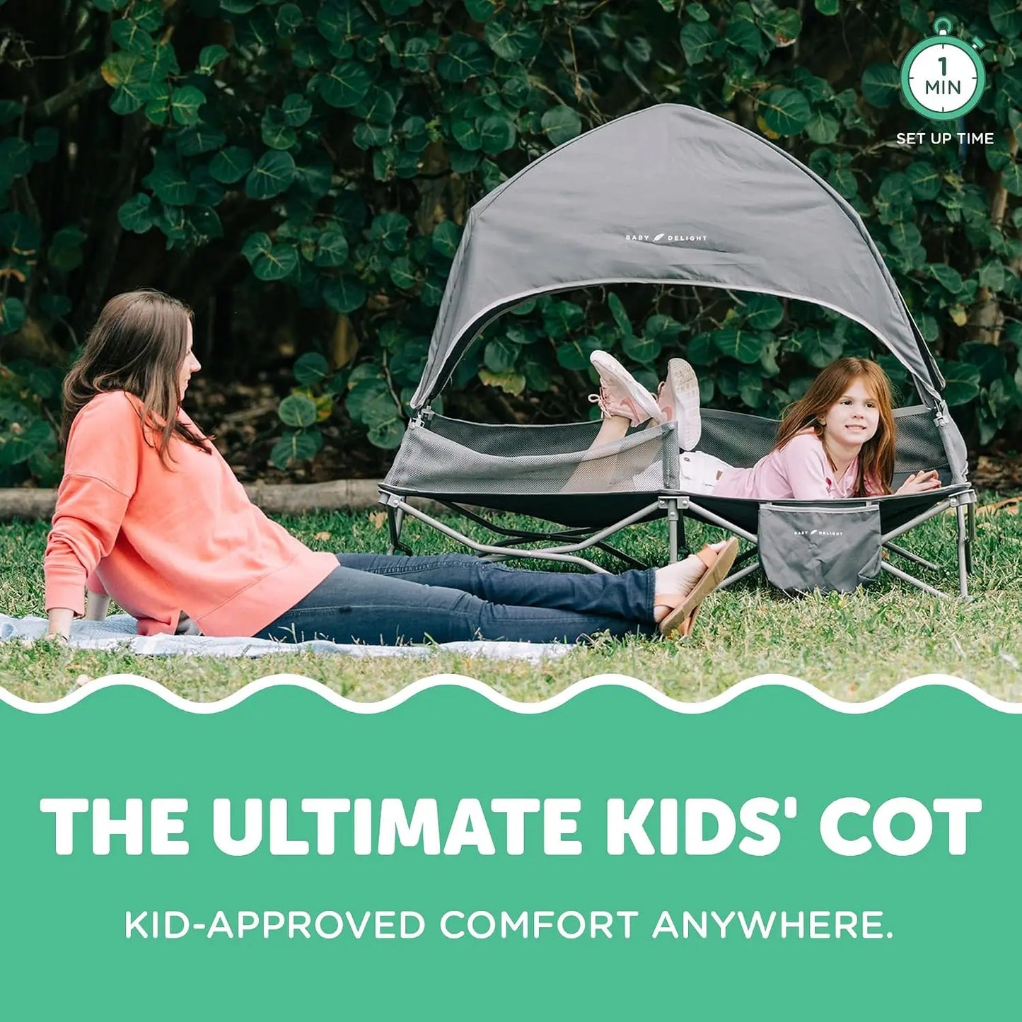 Portable Travel Cot for Toddlers with Sun Canopy, Indoor Outdoor Baby Bed, Folding Camping Crib, Grey