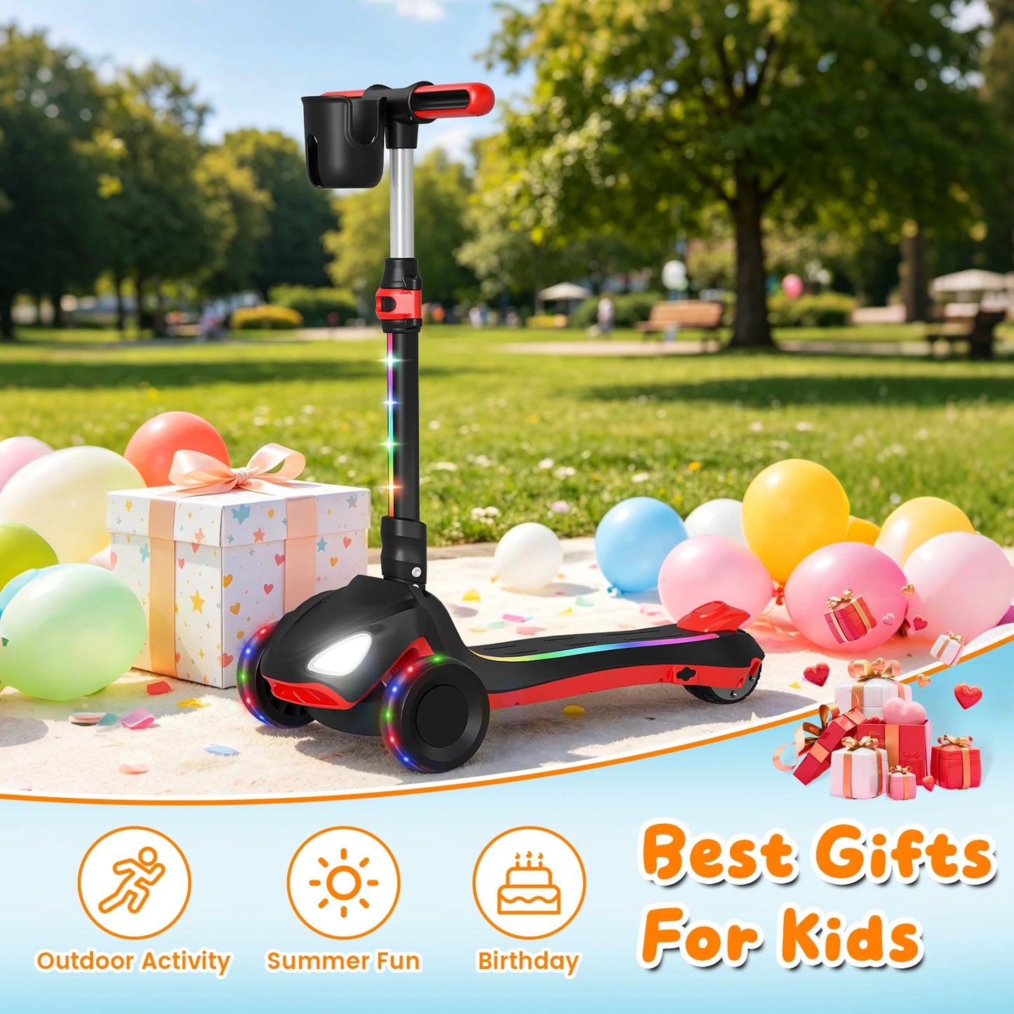 D3 Electric Scooter for Kids with 3 Wheels, 3 Adjustable Heights, Thumb Throttle, LCD Screen, Foldable, Light-Up Stem Deck & Wheels, Ideal Gift for Kids