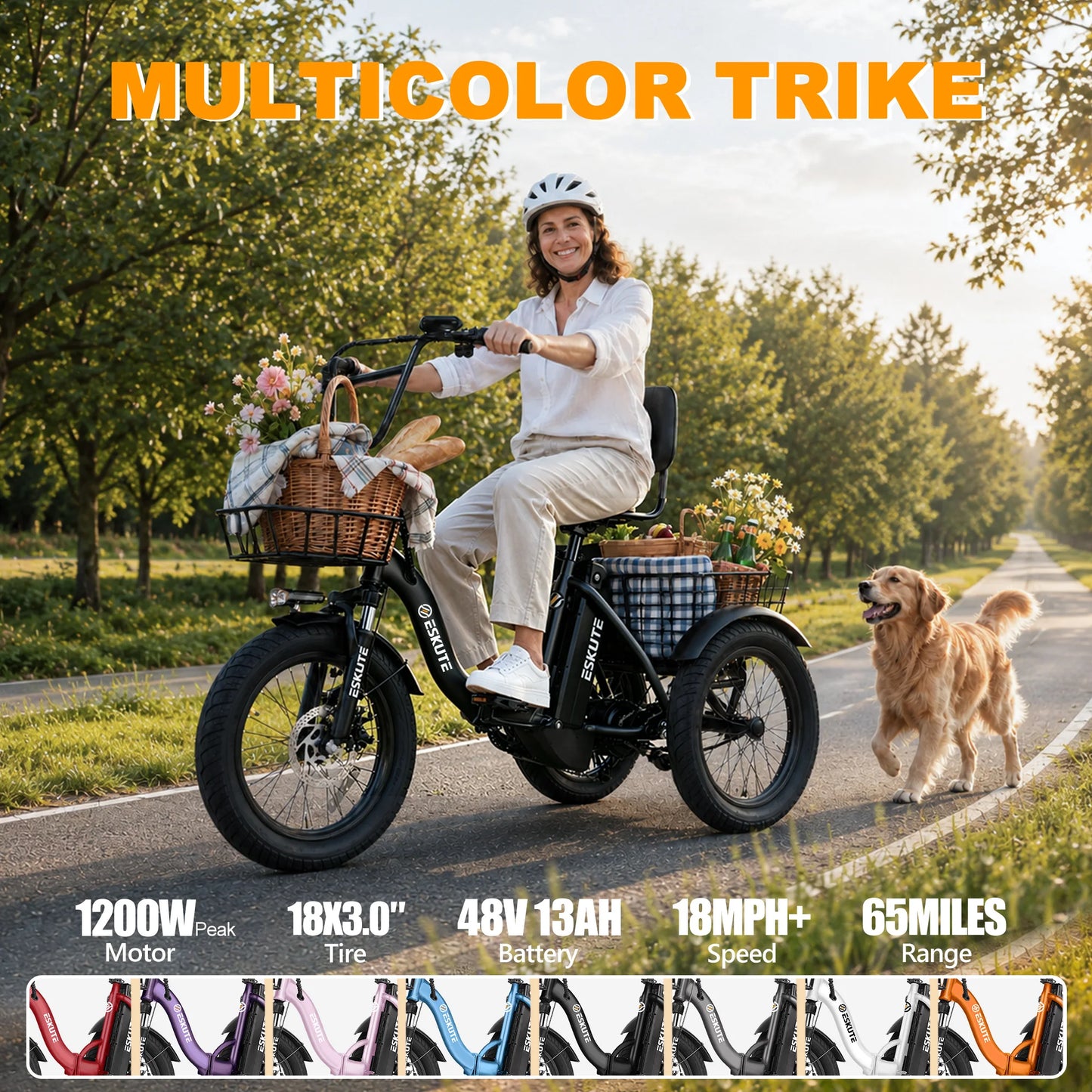 ESKUTE T300 E Trike Electric Bike, Peak 1200W Brushless Motor Folding Trike 18X3.0 Fat Tire Ebike, 624Wh Removable Battery, Step-Thru 3 Wheel Electric Bicycle, Up to 65 Miles, 18MPH+ Tricycle for Adults