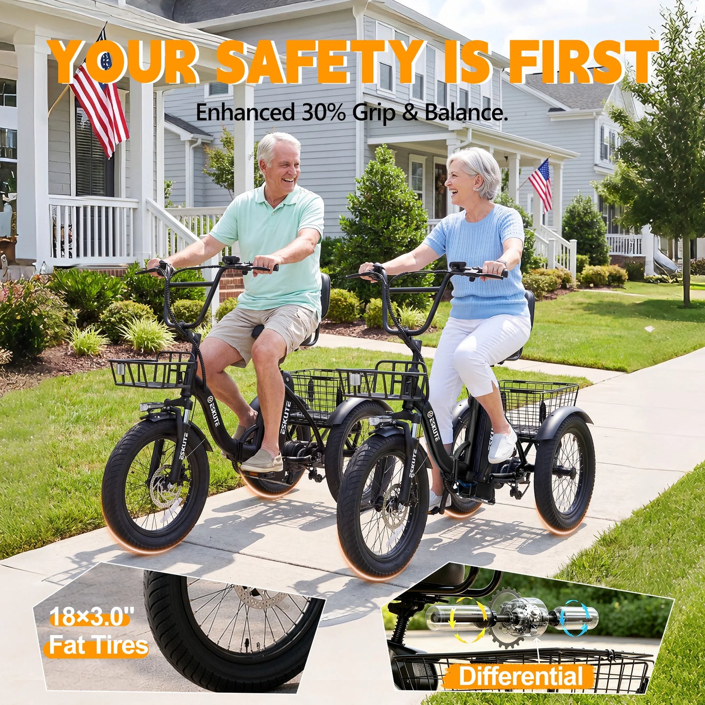 ESKUTE T300 E Trike Electric Bike, Peak 1200W Brushless Motor Folding Trike 18X3.0 Fat Tire Ebike, 624Wh Removable Battery, Step-Thru 3 Wheel Electric Bicycle, Up to 65 Miles, 18MPH+ Tricycle for Adults