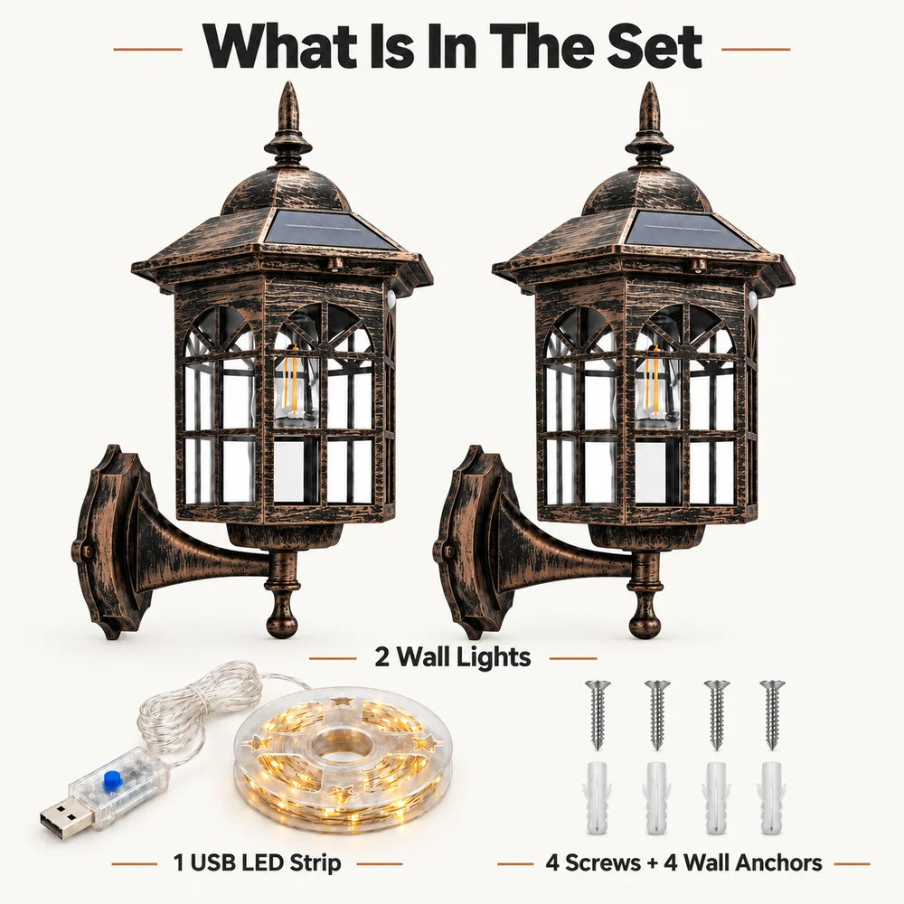 2 Pack Outdoor Solar Wall Lanterns Decorative LED Sconces Patio