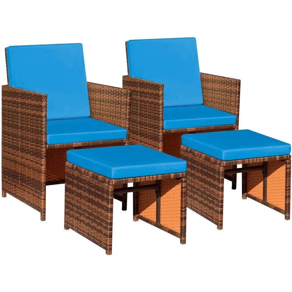 4 Piece Patio Wicker Furniture Set With Cushioned Chairs And Ottomans