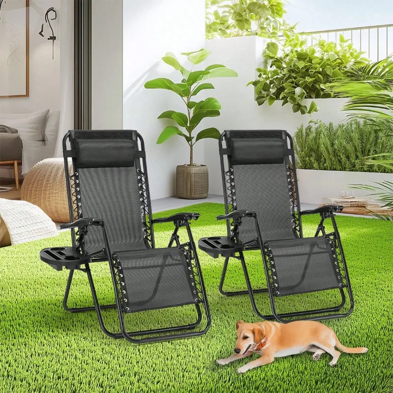 2PC Folding Chaise Lounge, Outdoor Sun Tanning Chairs With Pillow, Zero Gravity Chairs With Reclining Back Cup Holder, Steel Frame & Breathable Mesh For Beach, Yard, Patio, Poolside