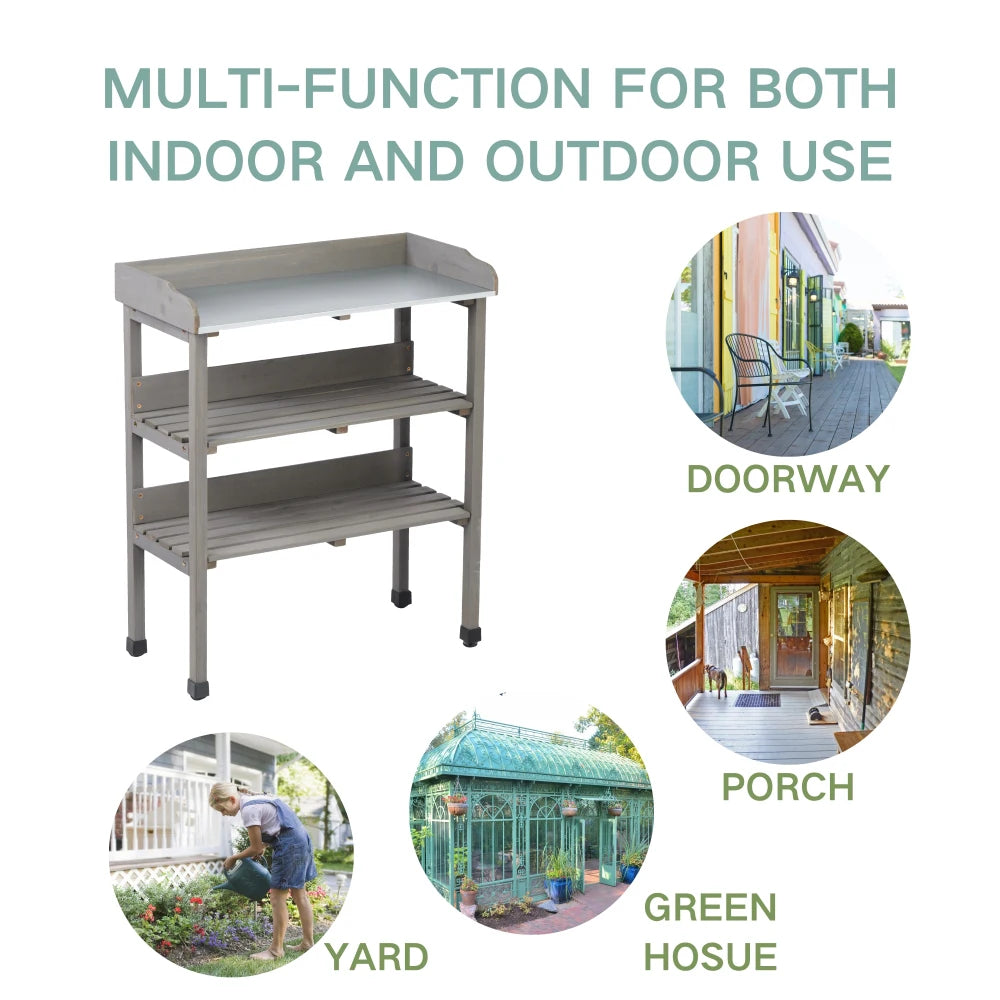 30″×14.5″×35.5″ 3-Layer Outdoor Potting Table Metal Tabletop Solid Wood Work Bench with Hook for Garden Garage
