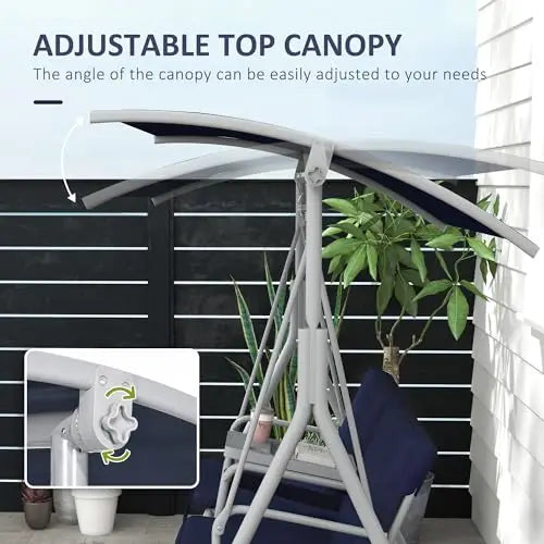 Blue Dual-Seat Outdoor Hanging Swing With Canopy, Center Table, Two Cup Slots, And Padded Cushions For Garden Or Deck