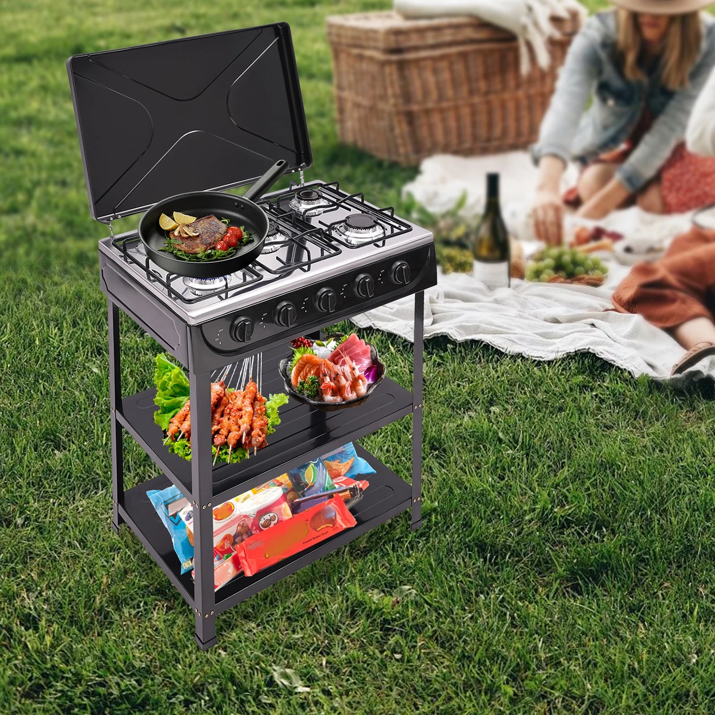 Bymaocar 5 Burner Outdoor Natural Gas Stove With Protective Cover