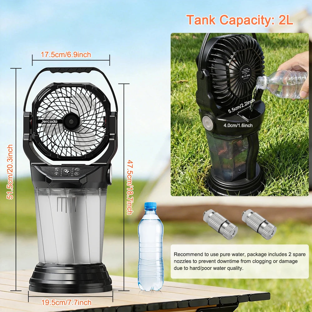 Portable Misting Fan with Large Battery Fan-Rechargeable Outdoor Misting Cooling Fans with 2L Water Tank, RGB Lights, 4 Speeds