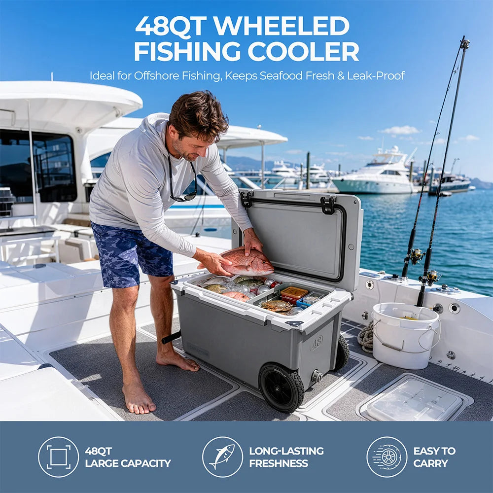 ChillyCode Khaki Grey Ultra Light Hard Cooler, 48QT Refrigerator 7-Day Cooling Leak Proof and Heavy-duty With All Terrain Wheels Suitable For Camping Beach Fishing Boat and Outdoor