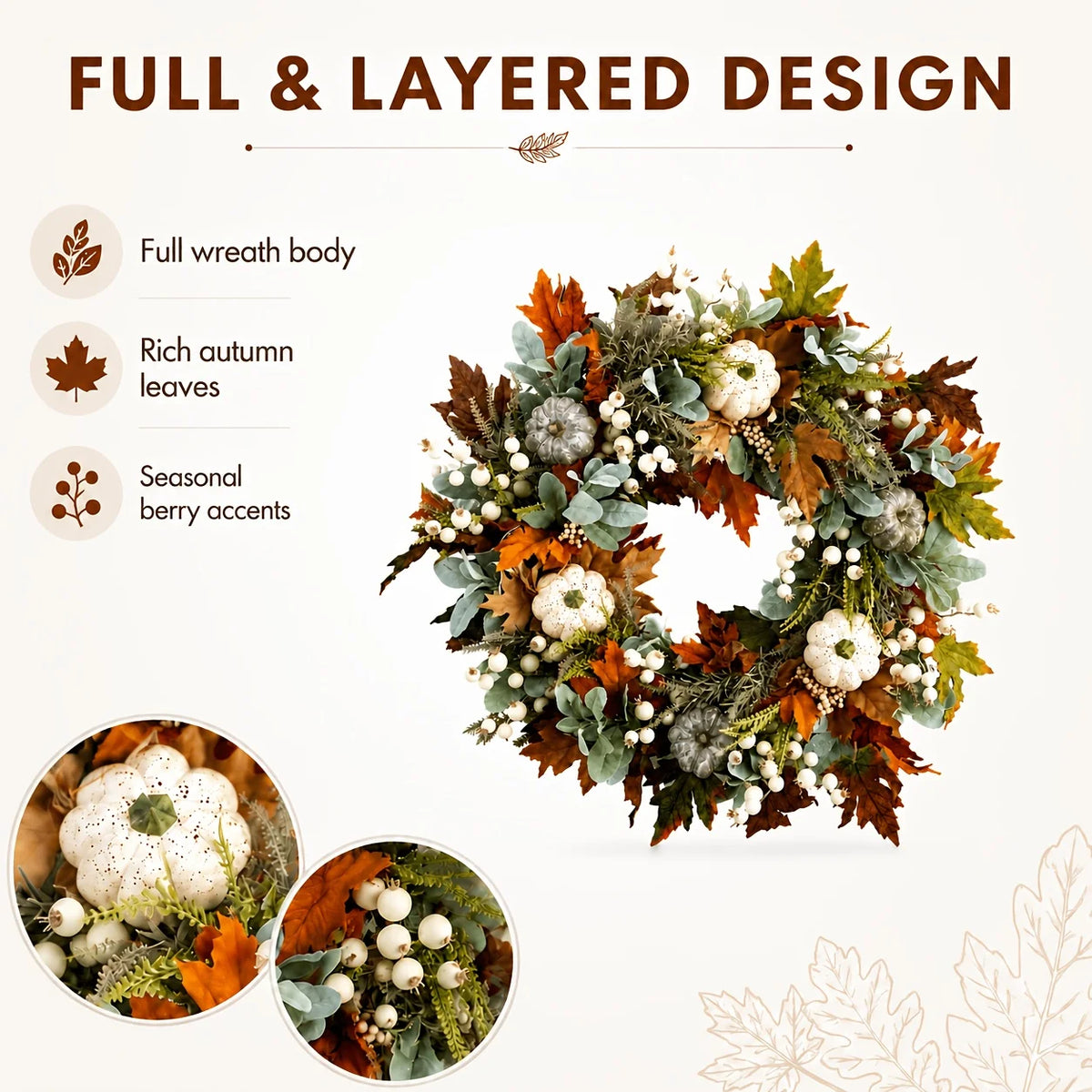 Artificial Peony Pumpkin Wreath With Leaves And Berries For Fall