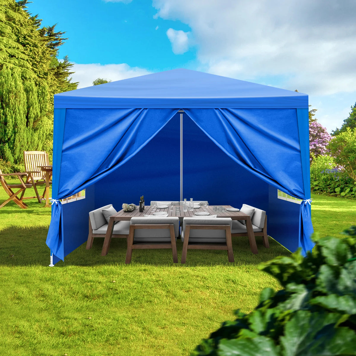 10'x10' Blue Waterproof Canopy Tent Outdoor Gazebo with 4 Removable Window Sidewalls Heavy Duty PE Patio Party Tent for Wedding BBQ Catering
