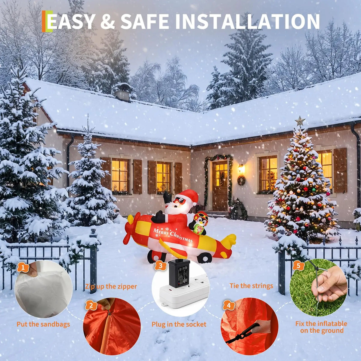 Himmiss Christmas Inflatable Santa Airplane With Penguin Outdoor Decor
