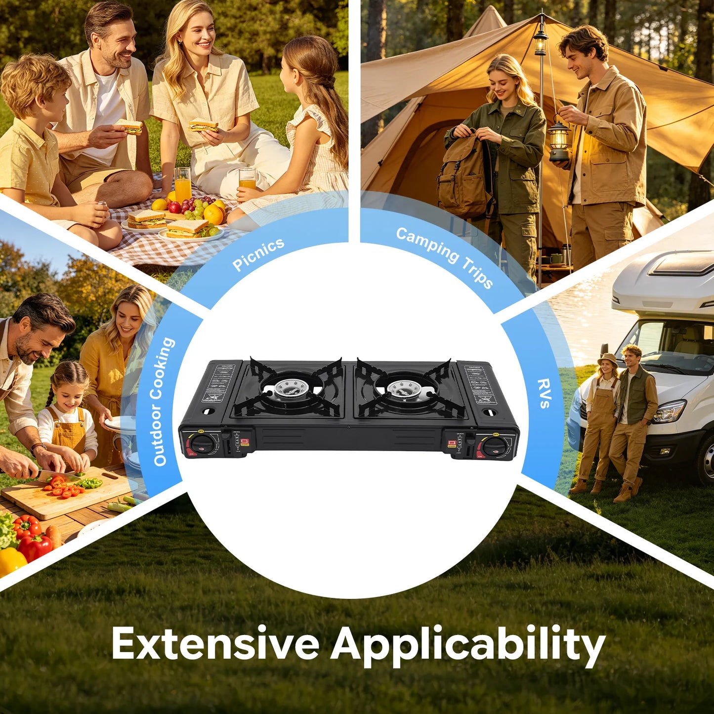 2 Burners Portable Camping Stove Set with Tray and Case Compact Outdoor Gas Cooker for Camping Picnic RV, Butane LPG Fuel