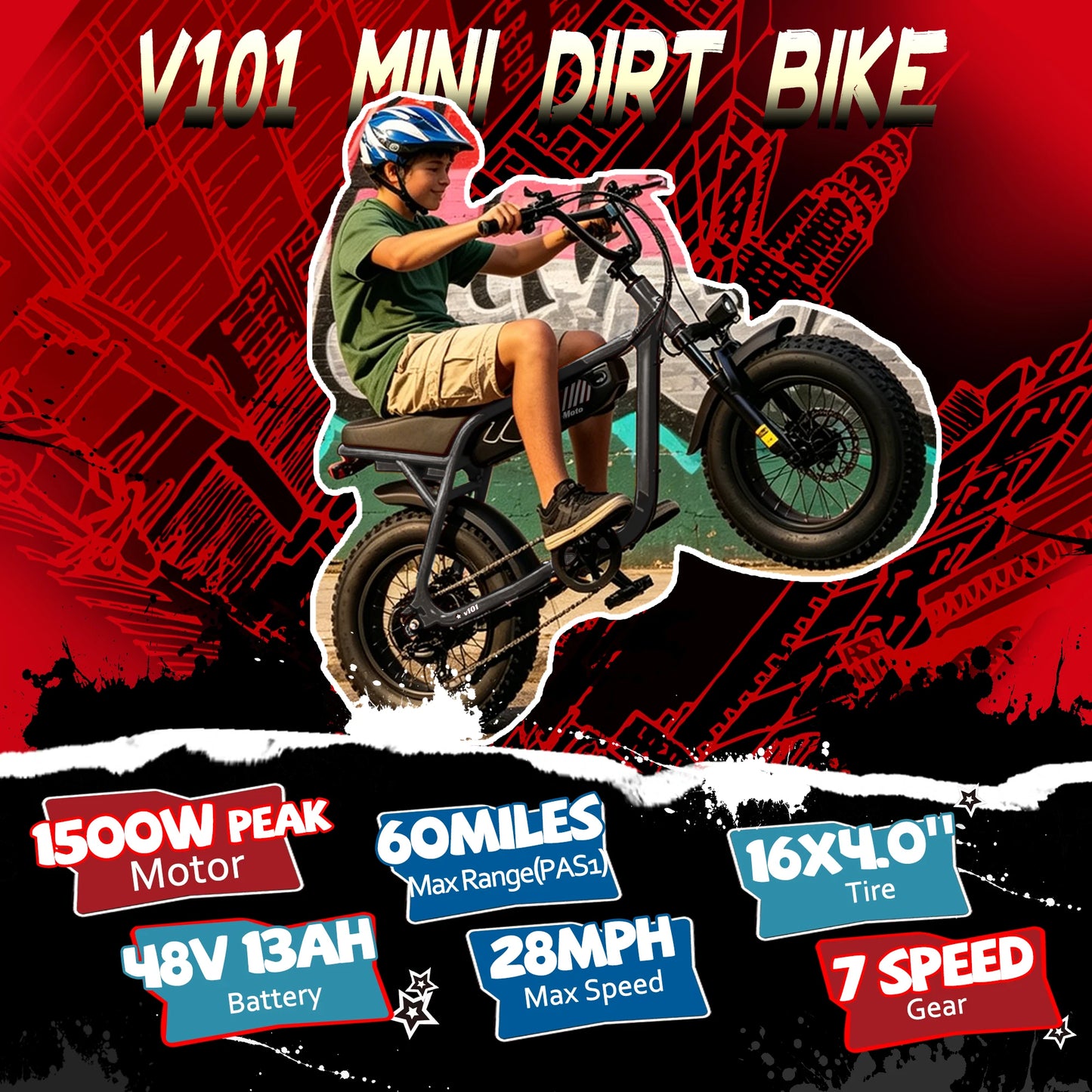 ESKUTE V101 Electric Dirt Bike,16"x4.0 Fat Tire Ebike,1500W Peak,Electric Dirt Bike, 28mph, E bike UL2849, 1 Year Warranty