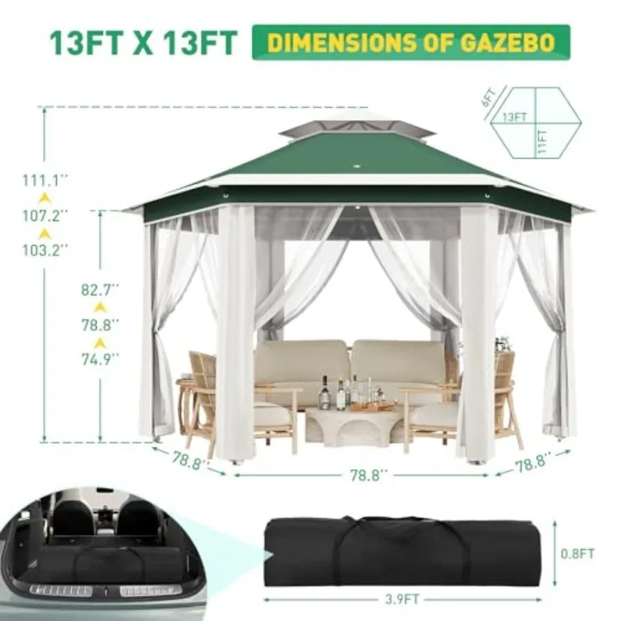 13'x13' Pop Up Gazebo Hexagonal Outdoor  Tent with Mosquito Netting Dual Vent Roof Awning Waterproof UV Resistant Height Adjust