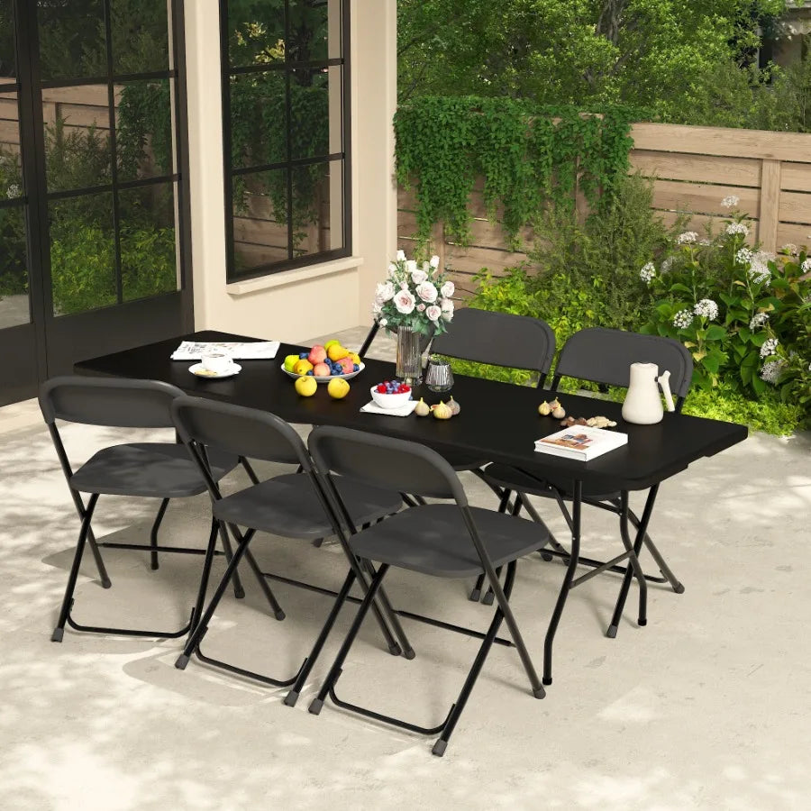 6 Foot Folding Table Fold-in-Half Plastic Table Indoor Outdoor Picnic Party Dining Camp Tables Black