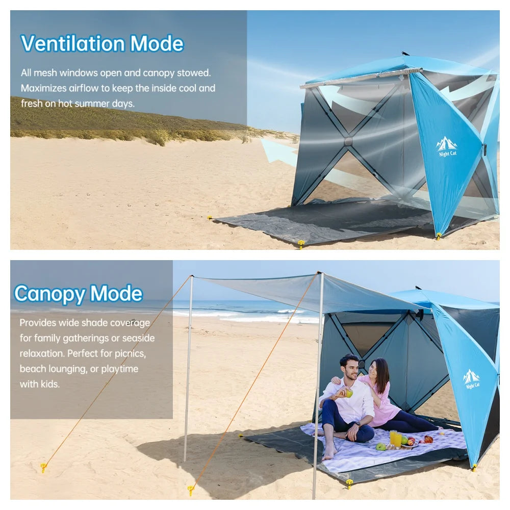 Night Cat Pop-up Beach Tent: 3 4 Persons Beach Shelter with Canopy and Footprint, UPF 50+ UV Protection Backyard Camping Outdoor Canopy Poles Not Included