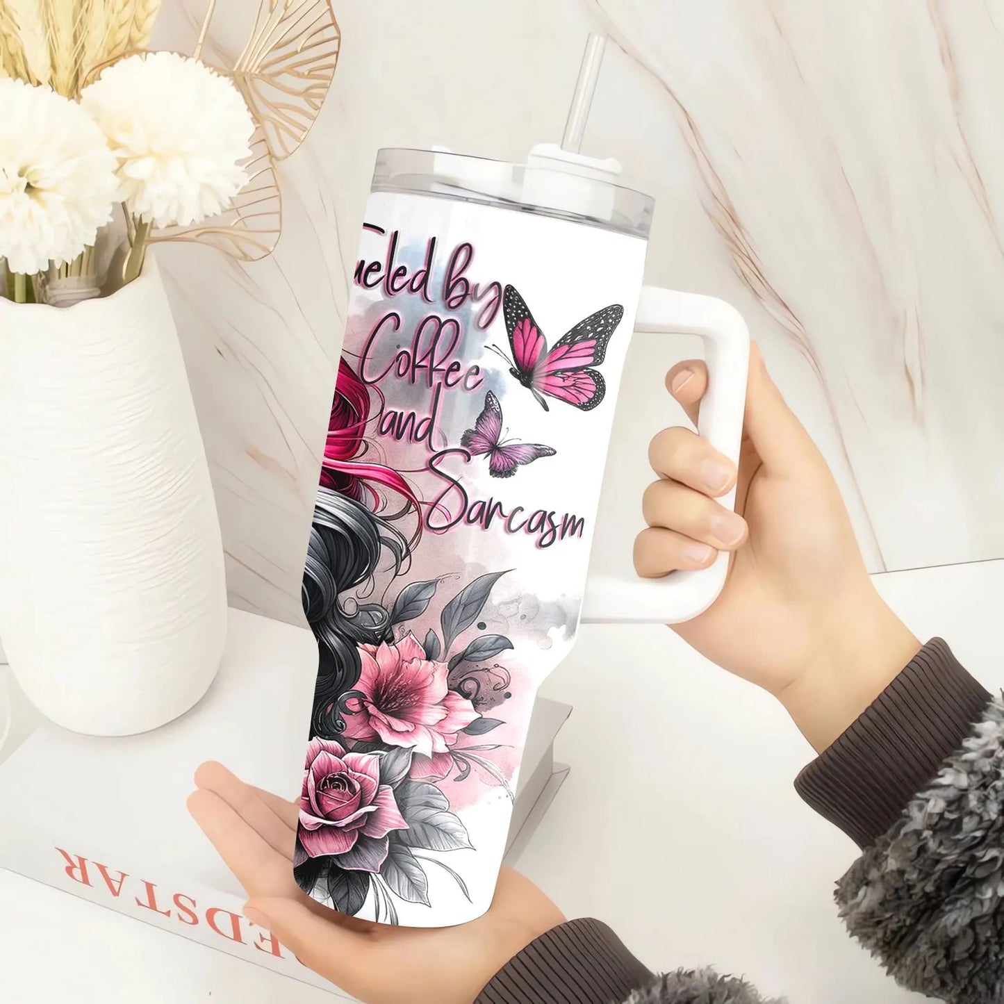 1pc 40oz Stainless Steel Tumbler with Straw and Handle, Creative Fashion Insulated Cup, Perfect Gift for Mom, Lover, Couple, Sister, Friends, Vacuum Cup for Home, Travel, Outdoor, Suitable for Summer and Winter, 304 Stainless