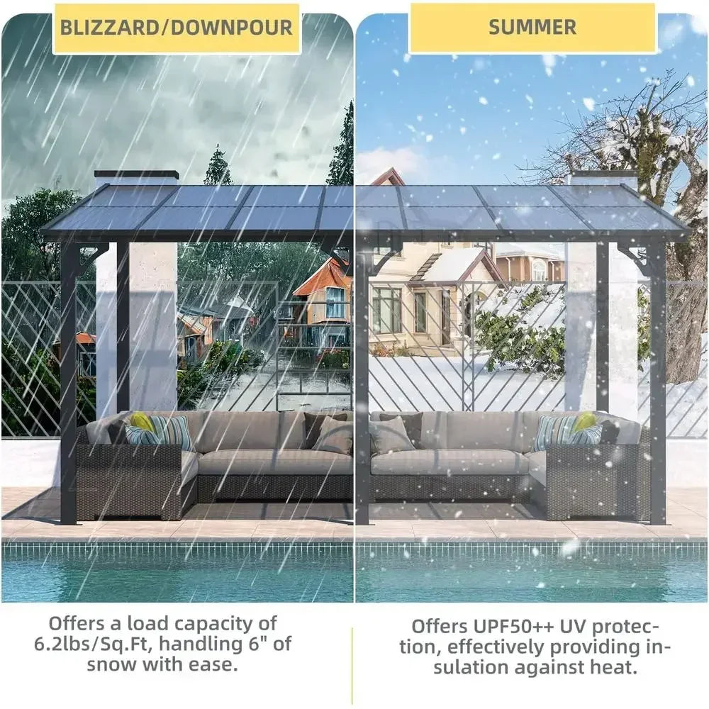 14x10 Outdoor Lean-to Gazebo, Wall-Mounted Pergola, Metal Awning, Large Panel Roof for Patio Use