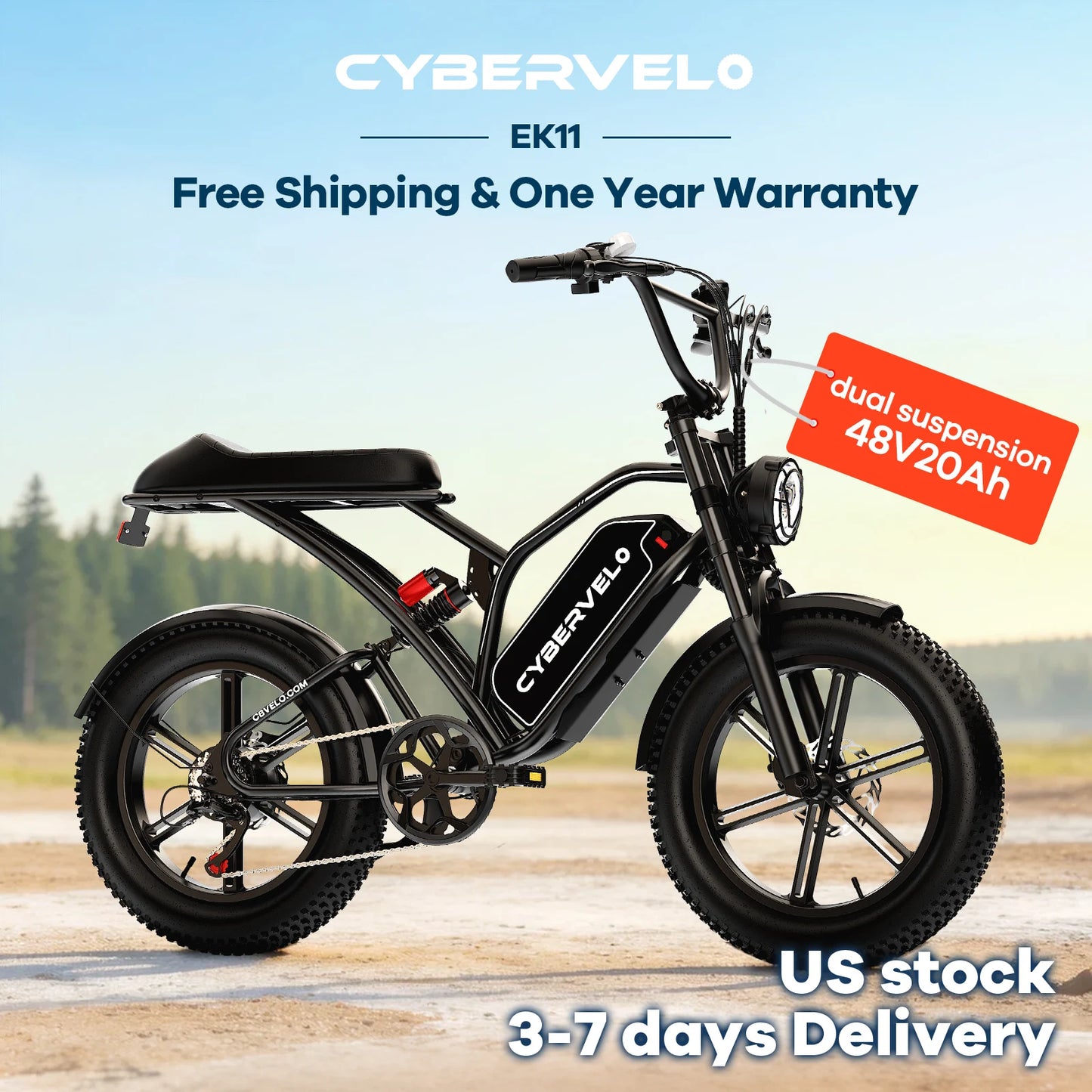 1000W Peak 20" Fat Tire All-Terrain Electric Bike, 48V Removable Battery, 80Miles+ Range Adult E-Motorcycle Cybervelo EK11