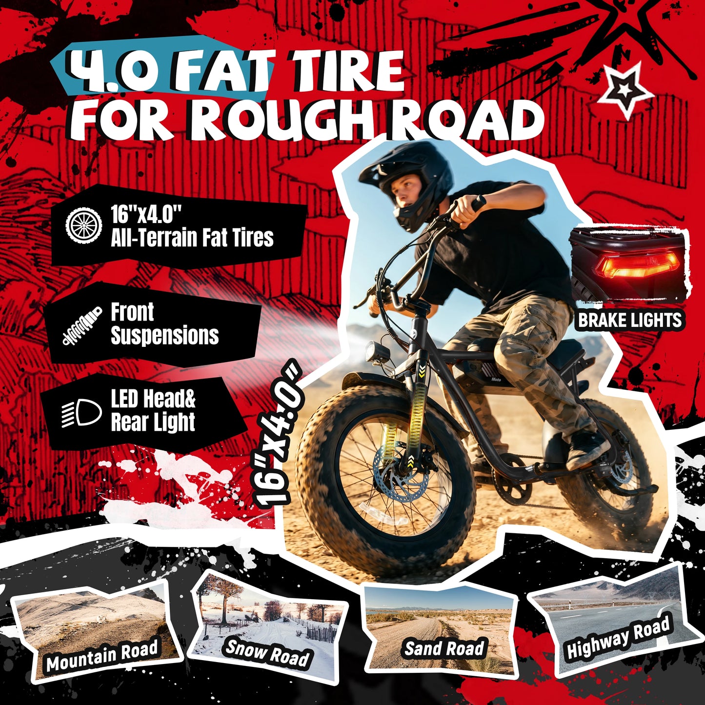 ESKUTE V101 Electric Dirt Bike,16"x4.0 Fat Tire Ebike,1500W Peak,Electric Dirt Bike, 28mph, E bike UL2849, 1 Year Warranty