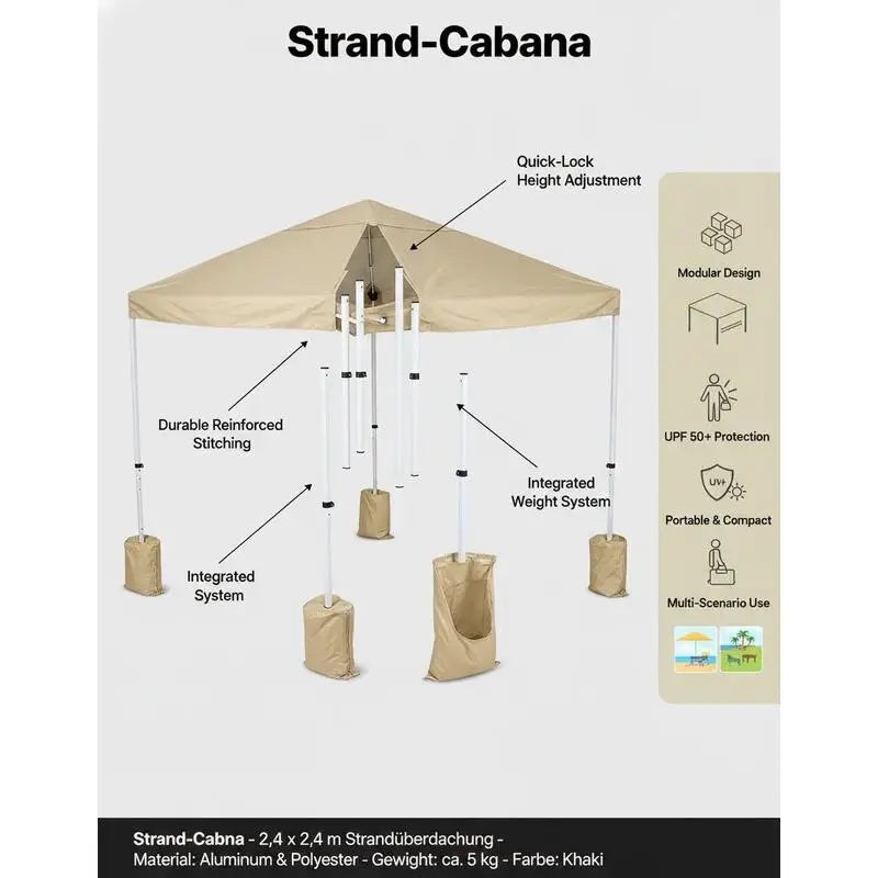 Beach Cabana, 8 x 8 ft Beach Canopy with Side Wall, UPF 50+ Protection Easy Setup Cabana Tent with Sand Pockets, Adjustable Height Portable Shade Sun Shelter Umbrella for Family & Friends, Khaki