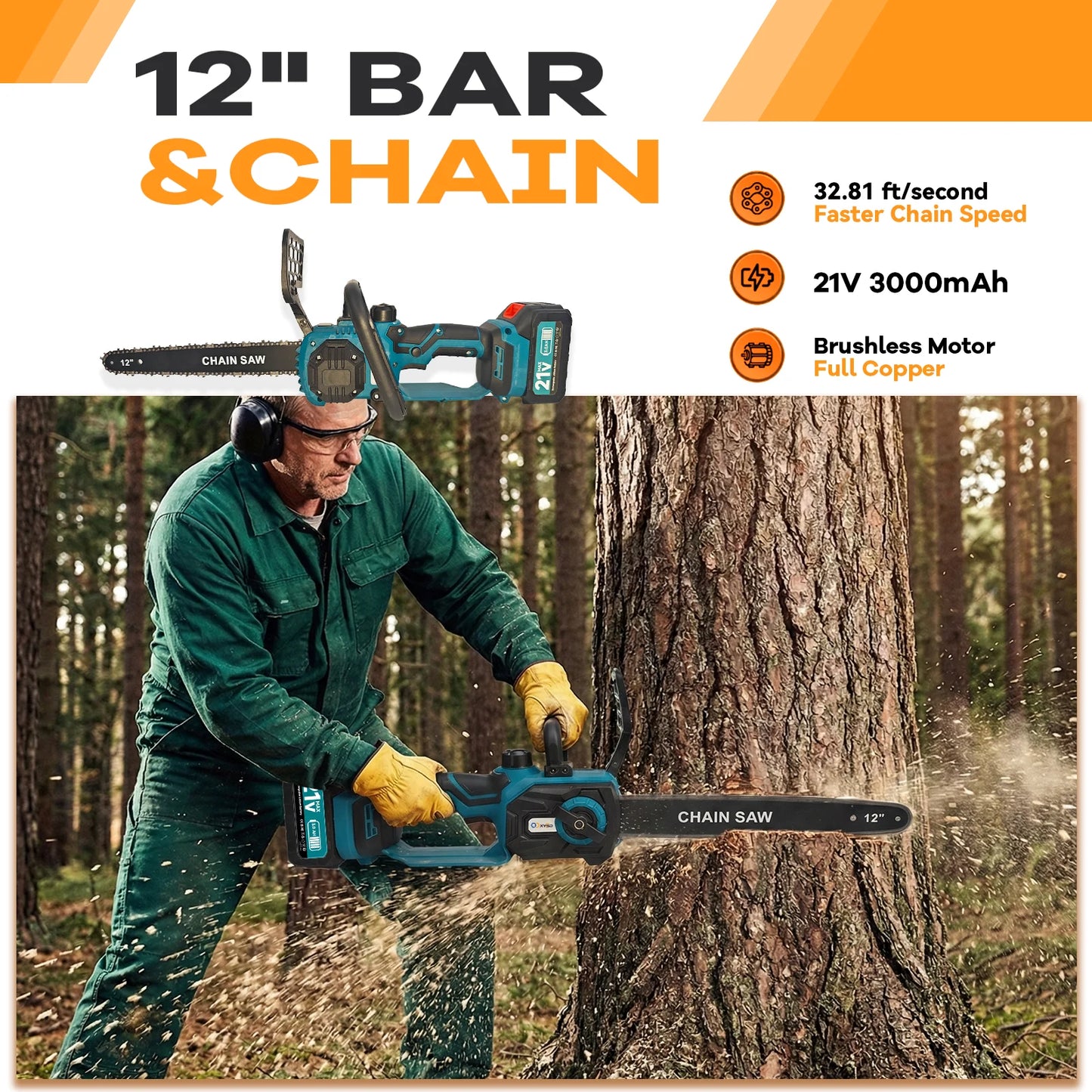 Cordless 12 Inch Electric Chainsaw 21V With 2x3000mAh Battery