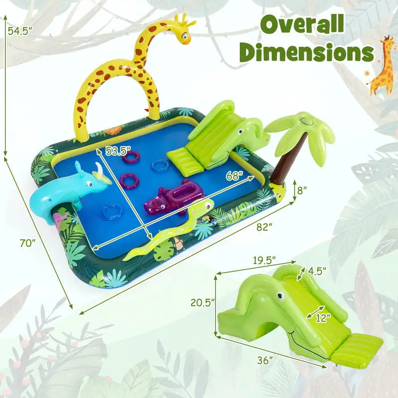 Inflatable Play Center Jungle Animal Spray Pool with Slide Giraffe-shaped Sprinkle