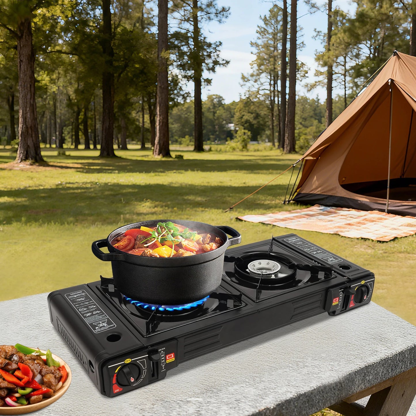 2500W Camping Stove with Storage Case, 63cm Table Top Gas Stove, Portable 2 Burner Outdoor Cooking System for Picnic BBQ Camping Trip Backyard Family