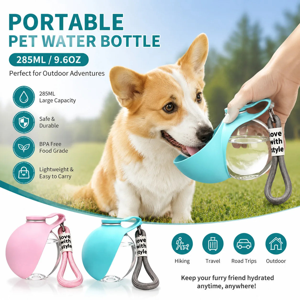 Water Bottle With Removable Silicone Bowl 285Ml Portable Dog Drinker 2-In-1 Stainless Steel Travel Pet Supplies