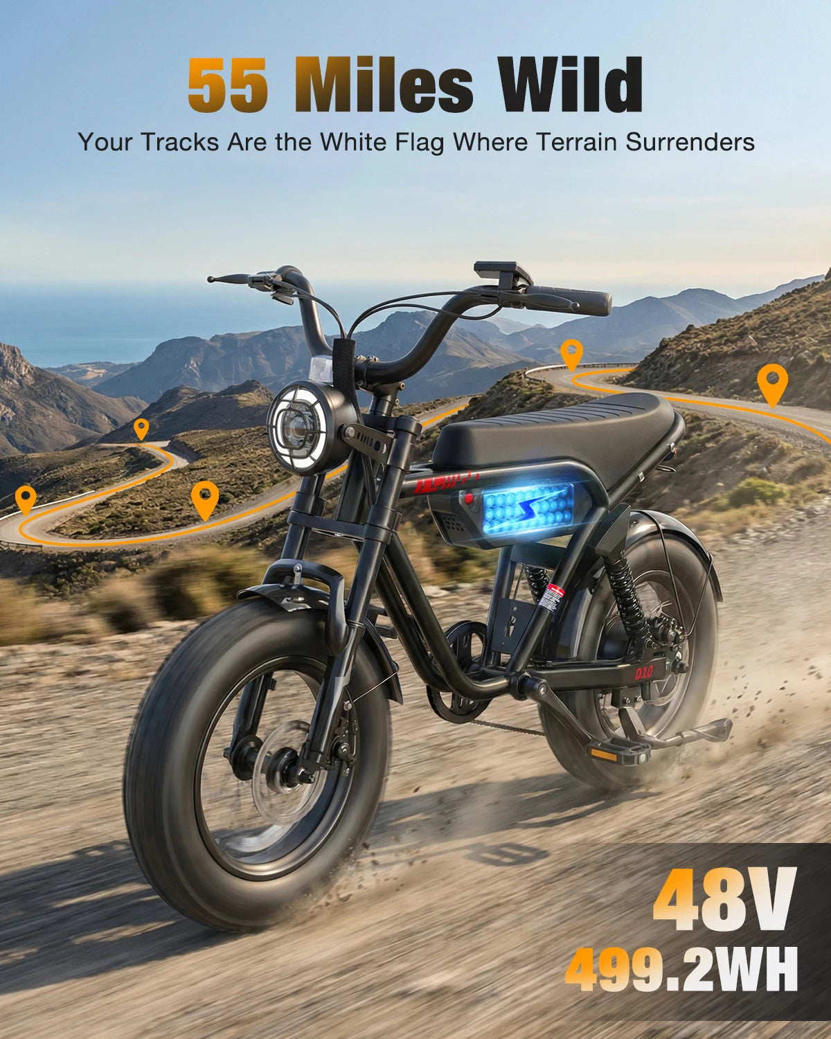 Hopepeak D10 Electric Bike, 16" Fat Tires Electric Mountain Bike, 1200W Peak Motor 48V 10.4Ah, 25 MPH 55Mi Range Off-Road Ebike with Full Suspension
