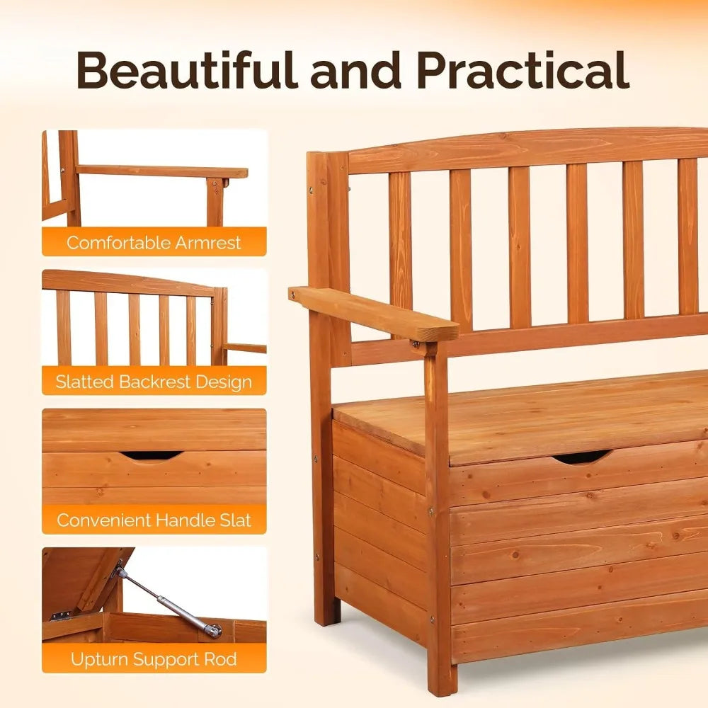 Outdoor Wood Storage Bench With Seating For Deck Patio Garden