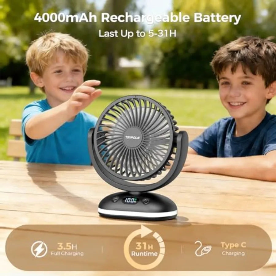 Small Desk Fan Portable Rechargeable Fan for Travel, Smart Display and LED Light, 31H Runtime, 4 Speeds Mini Battery Operated F