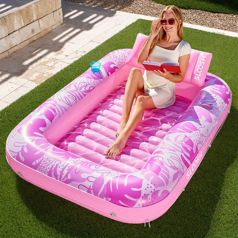 JOYFY Inflatable Tanning Pool Lounger Float 70" x 46" Pool Floats Adult with Pillow Sunbathing Bed Lounge for Summer Water Party