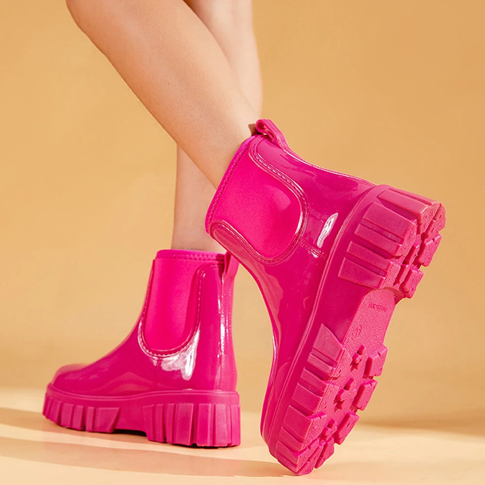 Women Waterproof PVC Rain Ankle Boots Anti Slip Thick Sole