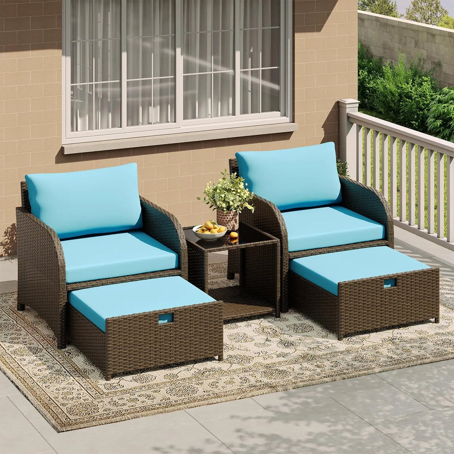HiMISS 5 Piece PE Rattan Patio Set With Ottomans And Glass Table